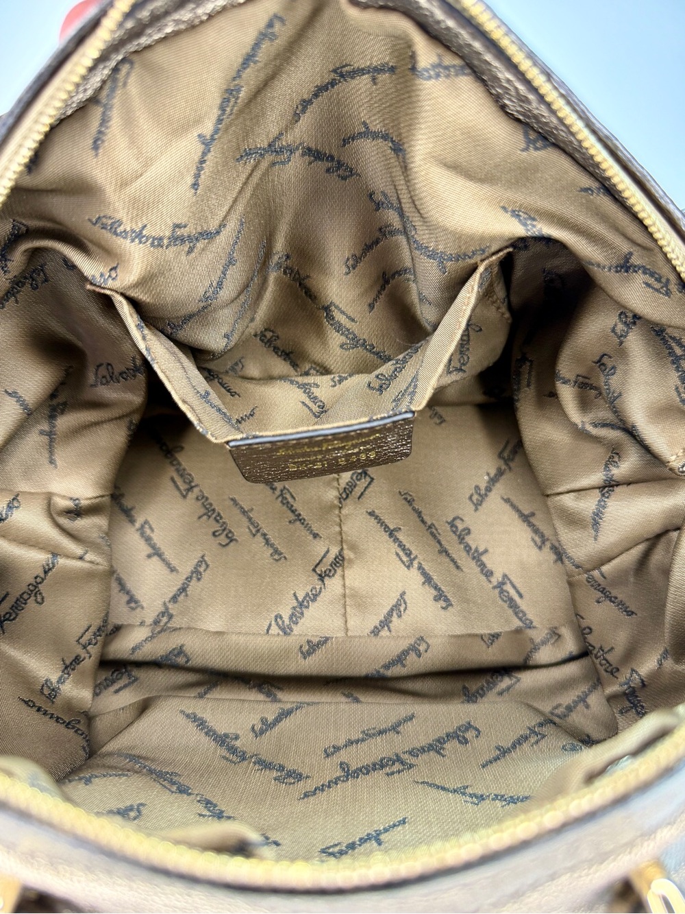 Salvatore Ferragamo Metallic Leather Crystal Gancini Satchel Bag Bronze Gold - Picture 10 of 11